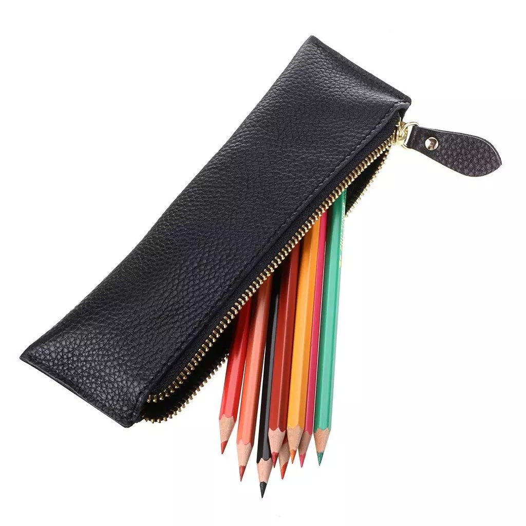 Genuine Leather Zipper Pencil Case Pen Holder